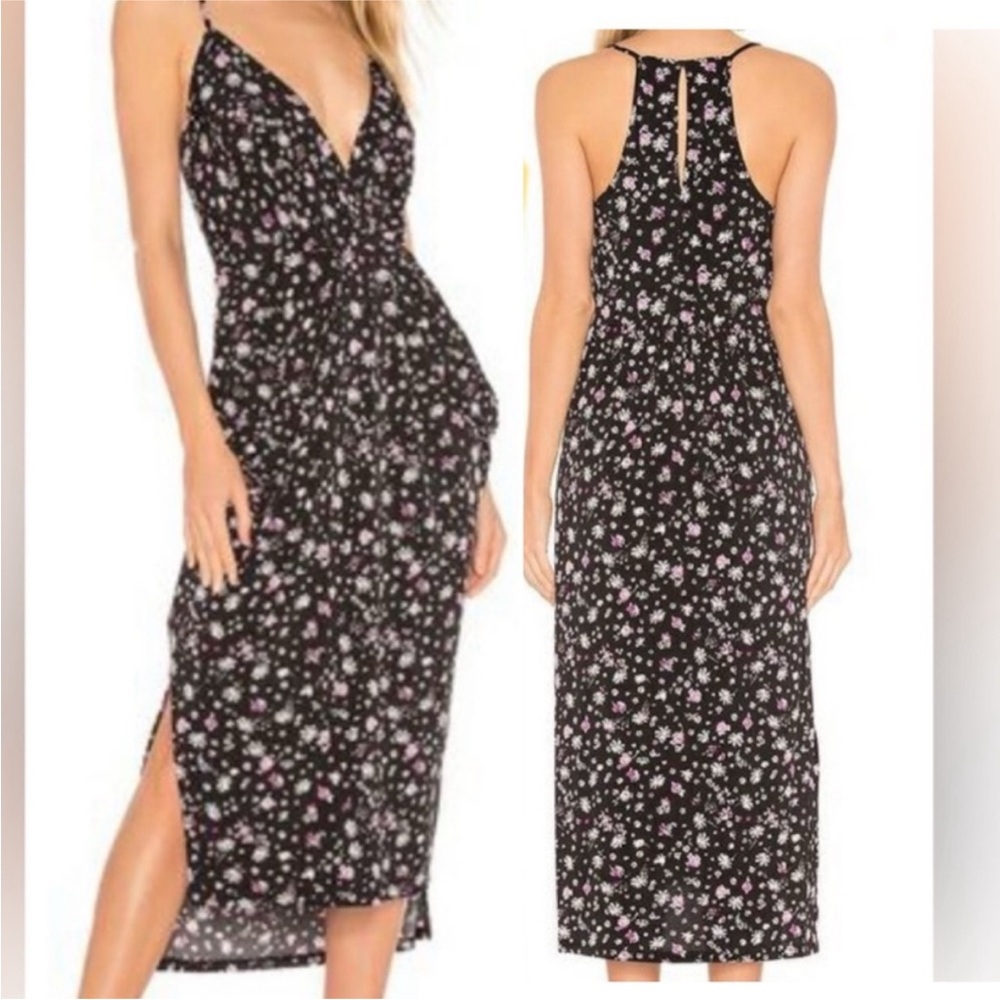 BCBGeneration Black Floral Deep V Midi Dress, Side Slit, S, NWOT